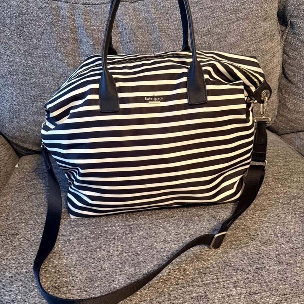 kate spade Black and White Striped Tote with Gold Logo